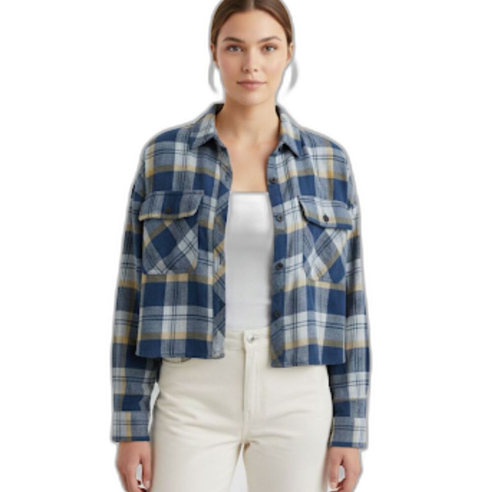 NWT Madden Girl Blue Plaid Cropped Flannel Button Front Blouse Size XS